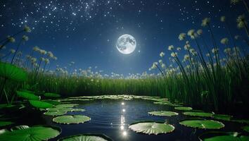 Moonlight Over Pond with Lily Pads and Tall Grass photo