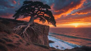 Lone Tree on Cliff at Sunset Over Ocean photo