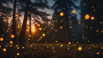 Forest with Glowing Orbs and Sunset photo