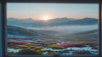 Mountain Landscape with Fog and Sunrise photo