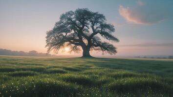 Solitary Tree on Grassy Hill at Sunset photo
