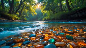River Flowing Through Forest with Colorful Rocks and Sunlight photo