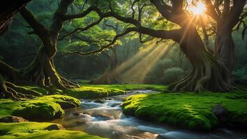 Forest Stream with Sunlight Through Trees and Green Moss photo