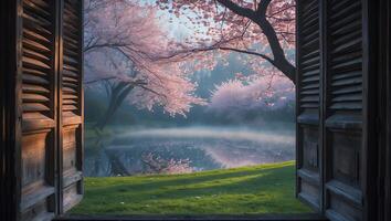 Cherry Blossom Tree at the Pond with Opened Wooden Window photo