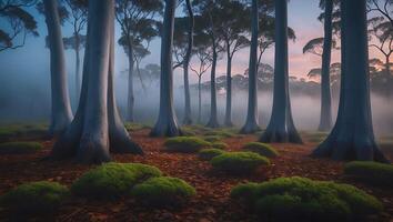 Forest with Tall Trees and Mossy Ground at Dusk photo