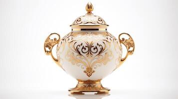 Elegant Decorative Ceramic Jar with Golden Floral Patterns and Lid photo