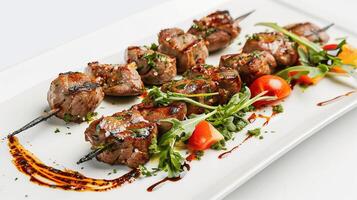 Delicious Grilled Meat Skewers Garnished with Fresh Vegetables photo
