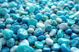 Colorful Pebbles in Various Shades of Blue and White Pebble Background photo
