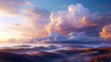A beautiful sunset over the mountains with clouds photo