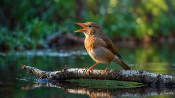 A nightingale bird with an open beak sits on a branch above the water surface photo