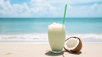 Refreshing Coconut Smoothie Near Tranquil Beach on Sunny Day photo