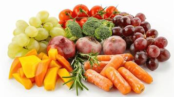 Fresh Vegetables and Fruits in a Colorful Arrangement on White Background photo