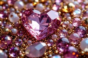 Heart-Shaped Pink Gemstone Surrounded by Sparkling Beads and Pearls photo