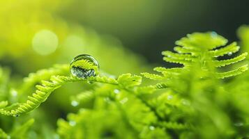 Dewdrop on Green Fern Leaf with Soft Background Light Effect photo