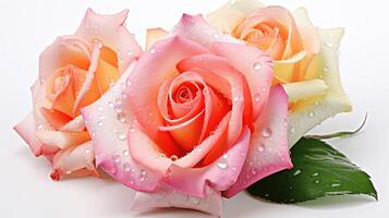 Three pink and orange roses with water droplets on them photo