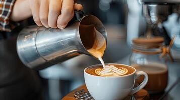Barista Creating Art with Milk Foam in Coffee Cup with Pouring Technique photo