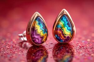 Vibrant multicolored earrings with shiny rose gold setting photo