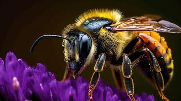 Close-up of a Bee Gathering Nectar from a Vibrant Purple Flower photo