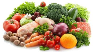 Fresh Organic Produce and Lean Proteins on a White Background photo