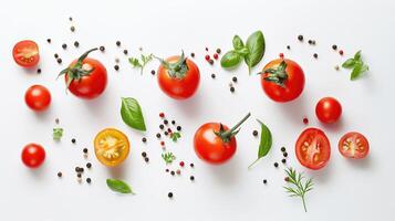 Fresh Tomatoes and Herbs Spread on White Background for Cooking photo