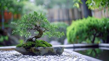 Serene Bonsai Tree in Japanese Garden Surrounded by Gravel and Moss photo