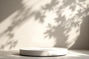 Round White Display Platform with Shadows on Minimalist Wall photo