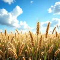 Golden Wheat Field Under Bright Blue Sky with Few White Clouds photo