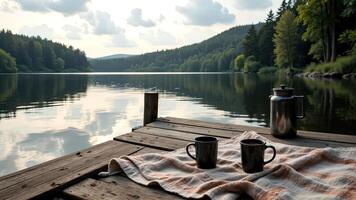 Tranquil Lakeside Scene with Two Mugs and a Coffee Pot at Sunset photo
