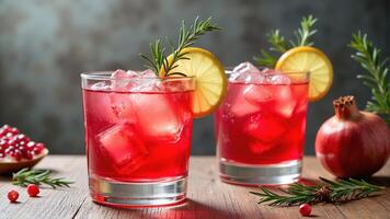 Two glasses of red drink with lemon and rosemary photo