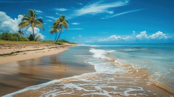 A sandy beach with palm trees and waves photo