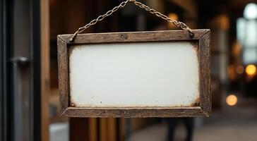 Rustic Wooden Hanging Sign with Blank Space for Custom Text photo