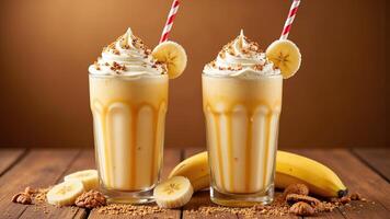 Delicious Banana Milkshake with Whipped Cream and Nuts on Table photo