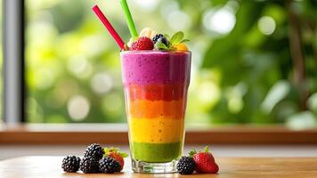 Colorful Layered Smoothie with Fresh Fruits and Green Garnish photo