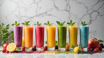 Vibrant Smoothie Display with Fresh Fruits and Herbs on Marble Surface photo