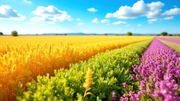 Colorful Landscape of Wheat and Lavender Fields Under Bright Sky photo