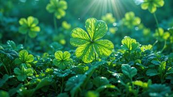 Lush Green Clovers in Sunlight with Dew Drops on Leaves photo