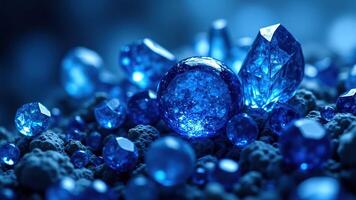 Sparkling Blue Gemstones on a Dark Surface with Glowing Highlights photo