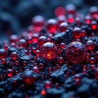 Red Glittering Spheres on Dark Surface with Textured Background photo