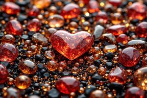 Sparkling Heart Among Glittering Amber and Black Gems on Surface photo