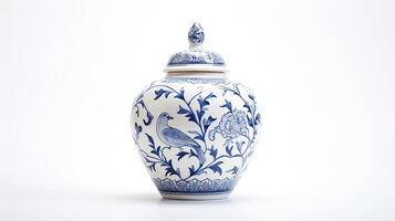 Decorative porcelain jar with intricate blue floral design and lid photo