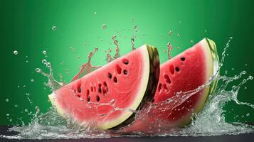 Fresh Watermelon Slices Splashing in Water Against Green Background photo