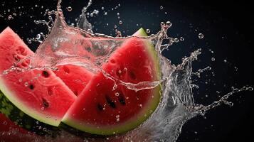 Fresh Watermelon Slices Splashing in Water Against Dark Background photo