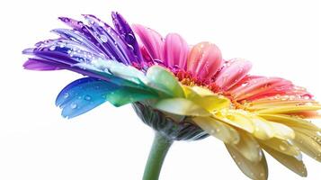 Vibrant Rainbow Flower with Water Droplets on White Background photo