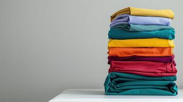 Colorful Stack of Neatly Folded Clothes on a Minimalist Background photo