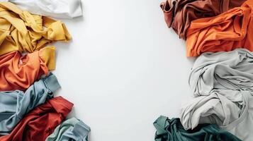 Colorful Wrinkled Fabric Layout on White Background for Textiles photo