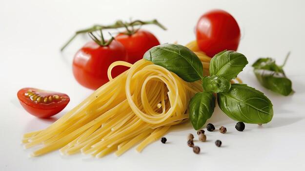 Fresco espaguetis con Tomates y albahaca en blanco antecedentes foto