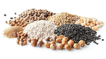 Assorted Raw Seeds and Grains on White Background for Culinary Use photo