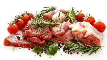 Fresh Raw Meats with Herbs and Vegetables on White Background photo