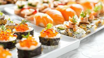 Elegant Sushi Display with Assorted Varieties and Fresh Ingredients photo