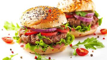 Fresh and Delicious Beef Burgers with Vegetables and Sesame Seed Bun photo
